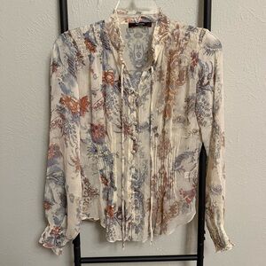 Romantic Paisley Print Ruffle Collar Pearl Button Cuffed Sleeve Blouse Sz Small